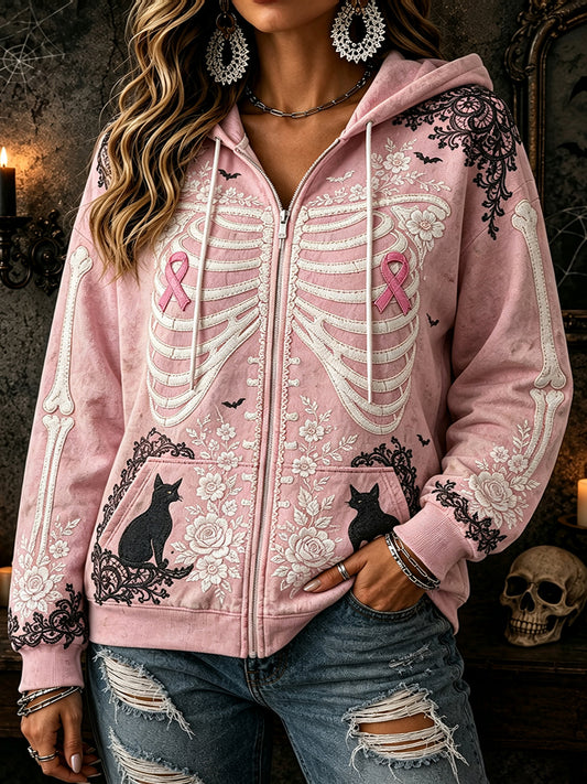 Women's Pink Ribbon Floral Skeleton Black Cat Print Comfy Zip-Up Hoodie