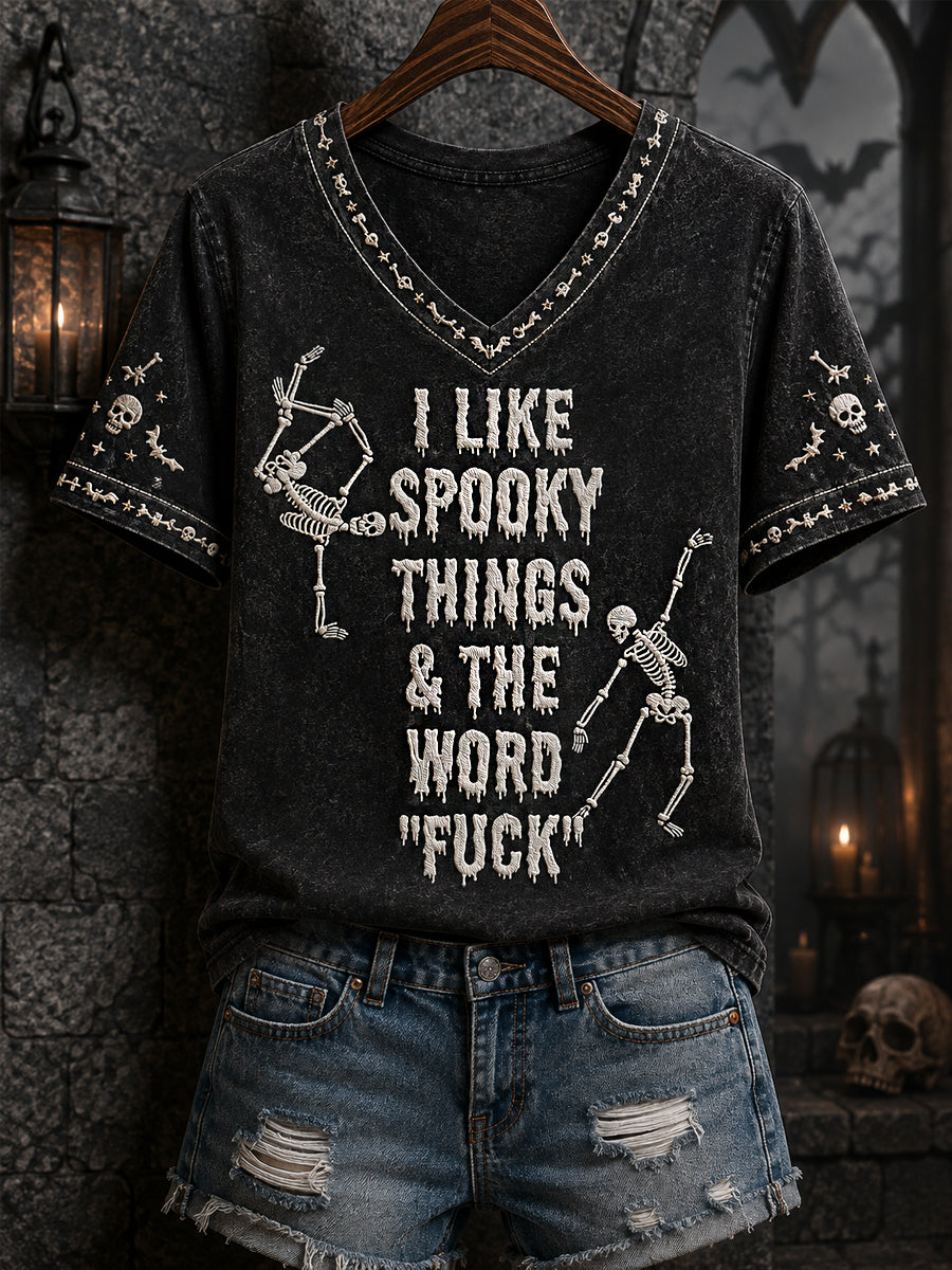 Women's Funny Skeleton I Love Halloween Things & The Word Fuck Print Casual V-Neck Tee