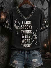 Women's Funny Skeleton I Love Halloween Things & The Word Fuck Print Casual V-Neck Tee