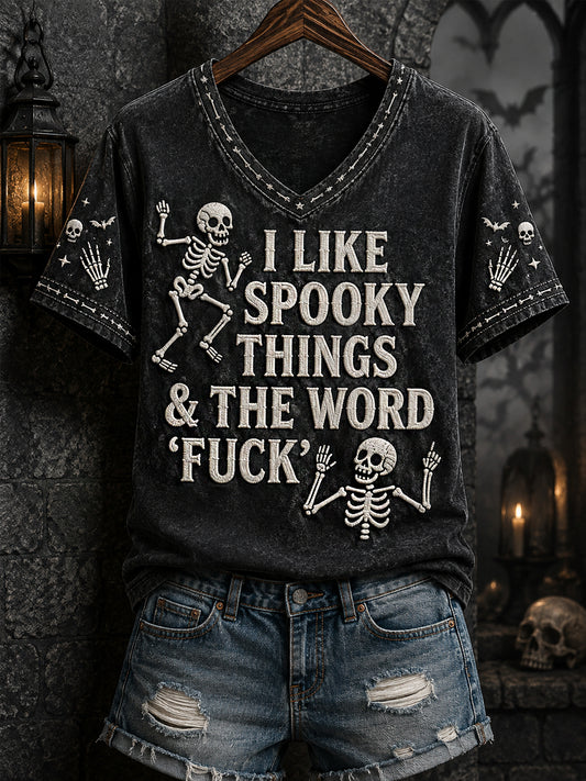 Women's Funny Skeleton I Love Halloween Things & The Word Fuck Print Casual V-Neck Tee
