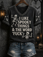 Women's Funny Skeleton I Love Halloween Things & The Word Fuck Print Casual V-Neck Tee