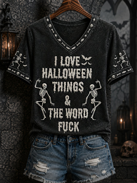 Women's Funny Skeleton I Love Halloween Things & The Word Fuck Print Casual V-Neck Tee