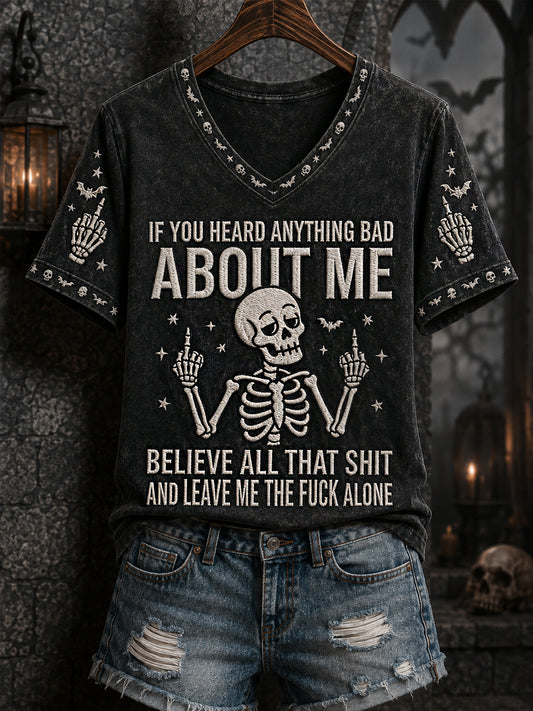 Women's Funny Halloween Skeleton Print Casual V-Neck Tee