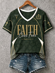Women's Christian Faith Over Fear Cross V-Neck Short Sleeve T-shirt