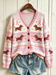 Women's cute dog and pink charity ribbon pattern printed casual cardigan
