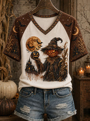 Women's Halloween Pumpkin Man Print V-Neck T-Shirts