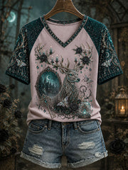 Women's Halloween Reindeer Print V-Neck T-Shirts