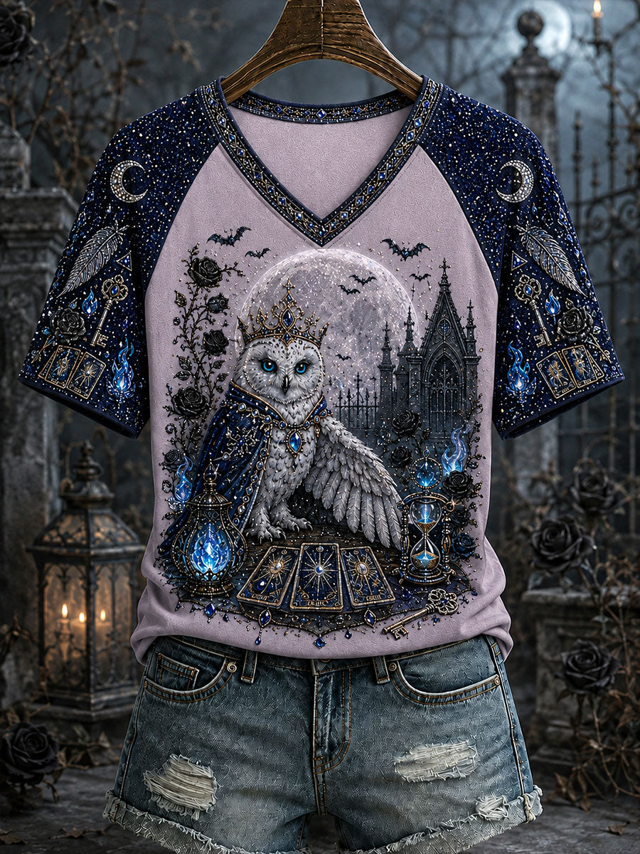 Women's Halloween Owl Print V-Neck T-Shirts