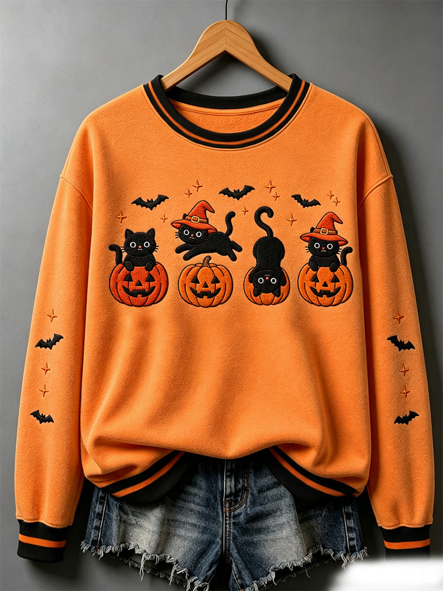 Women's Halloween Black Cat Pumpkin Print Sweatshirt