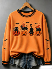 Women's Halloween Black Cat Pumpkin Print Sweatshirt