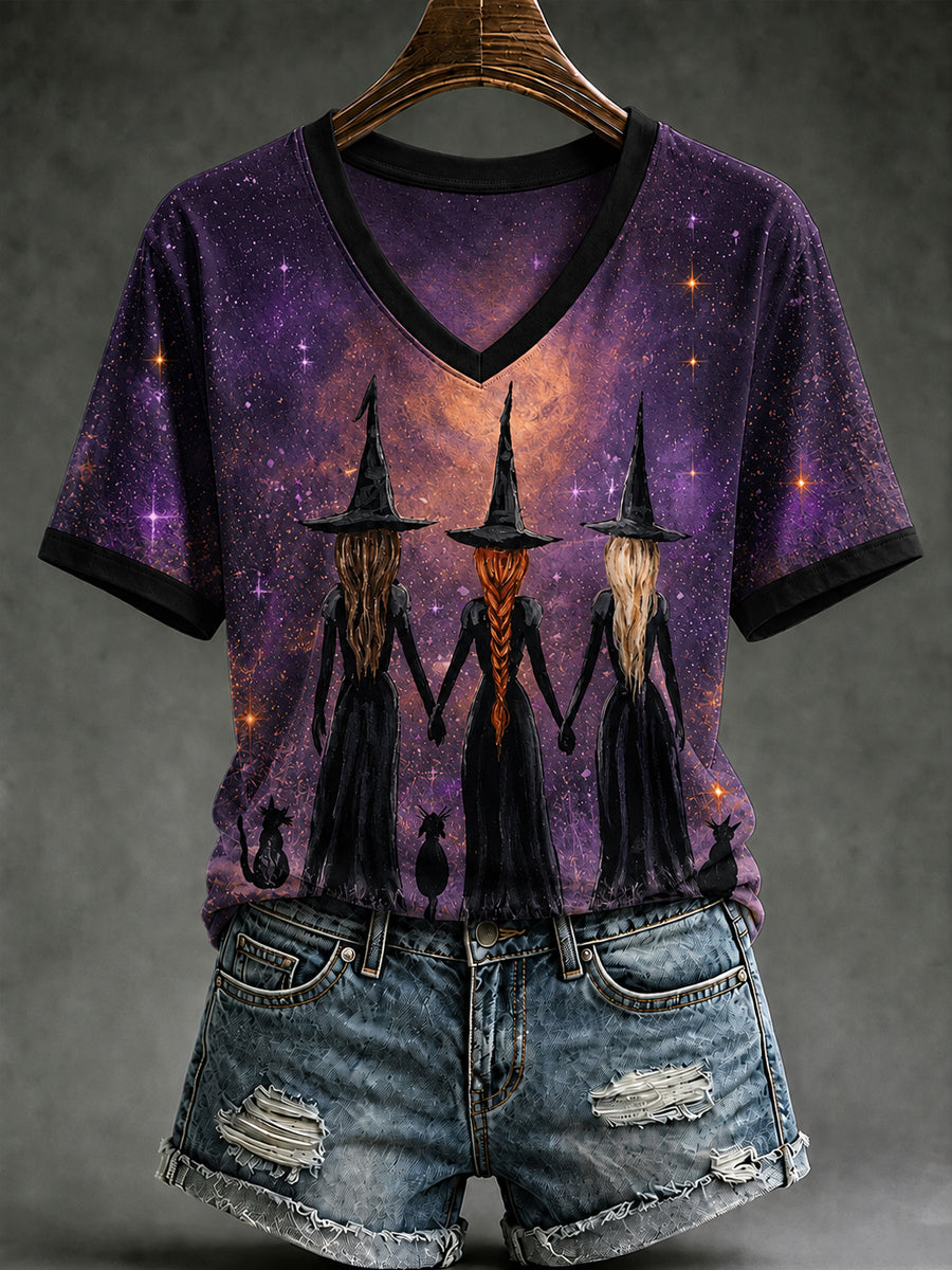 Women's Halloween Witch Black Cat Art  Short Sleeve T-shirt