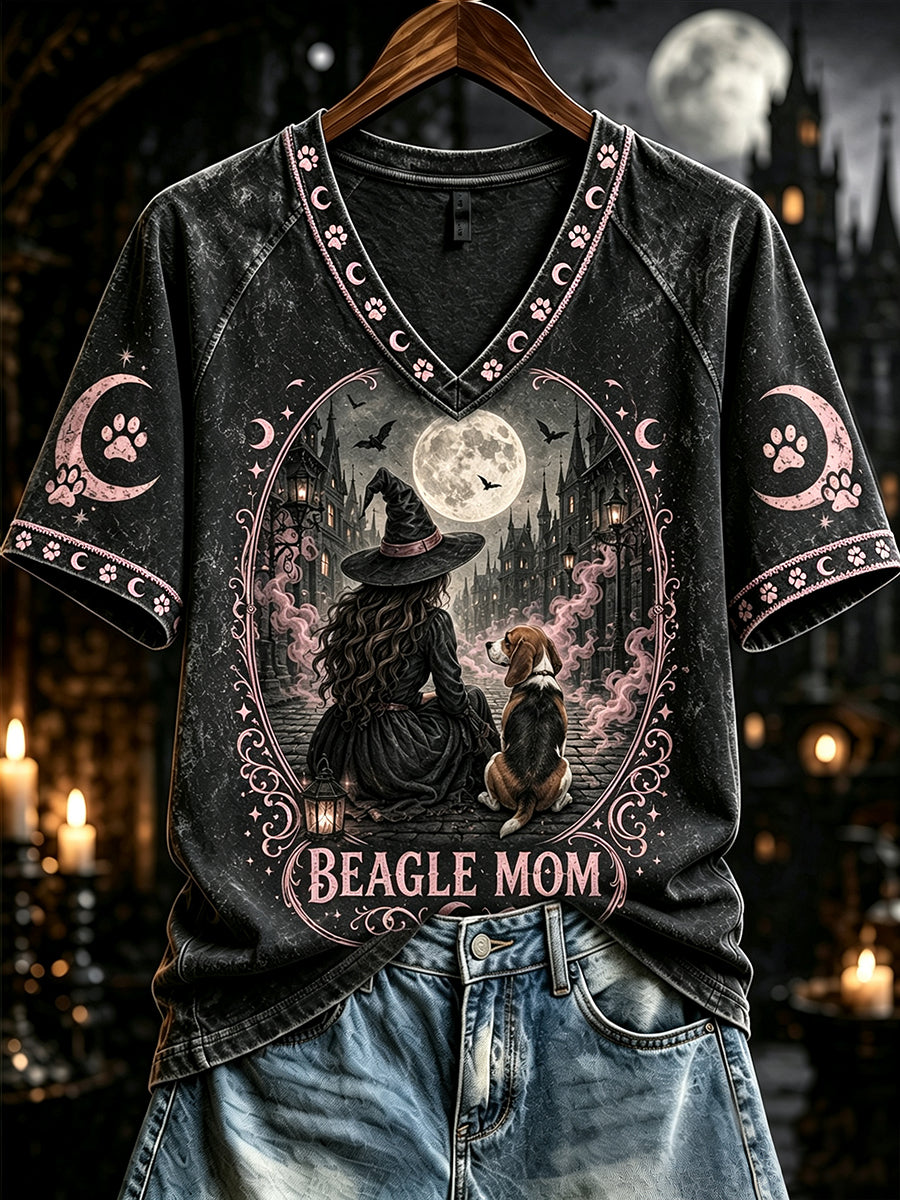 Women's Halloween Beagle Mom Witch Print V-neck Short-sleeved T-shirt