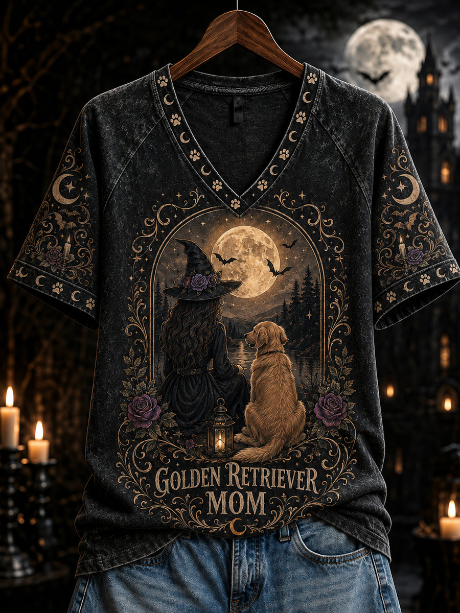 Women's Halloween  Golden Retriever Mom Witch Print V-neck Short-sleeved T-shirt