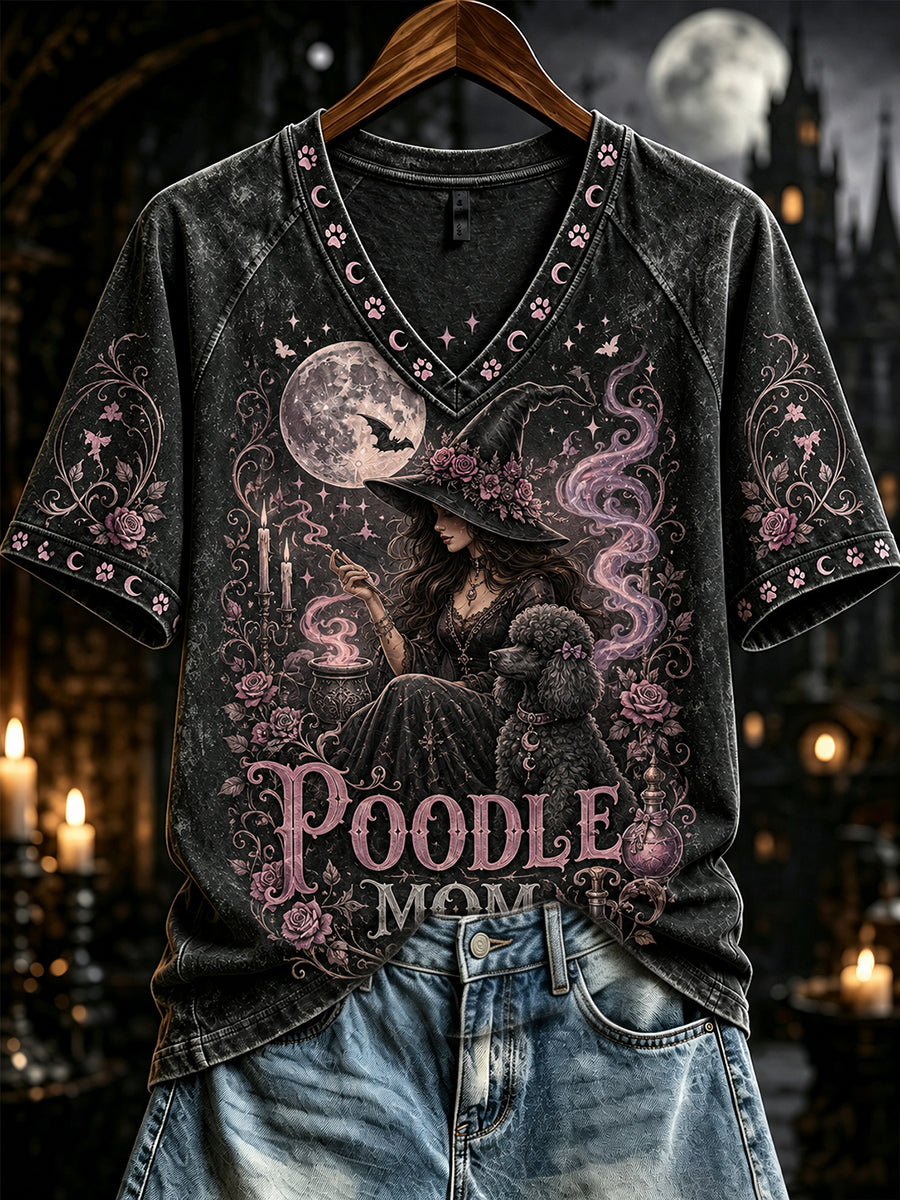 Women's Halloween Poodle Mom Witch Print V-neck Short-sleeved T-shirt