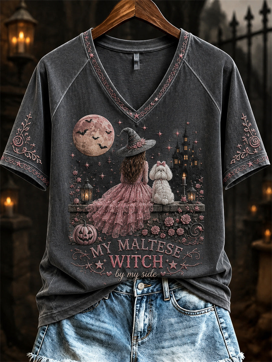 Women's Halloween Pink Witch My Maltese Witch by My Side Print short-sleeved T-shirt