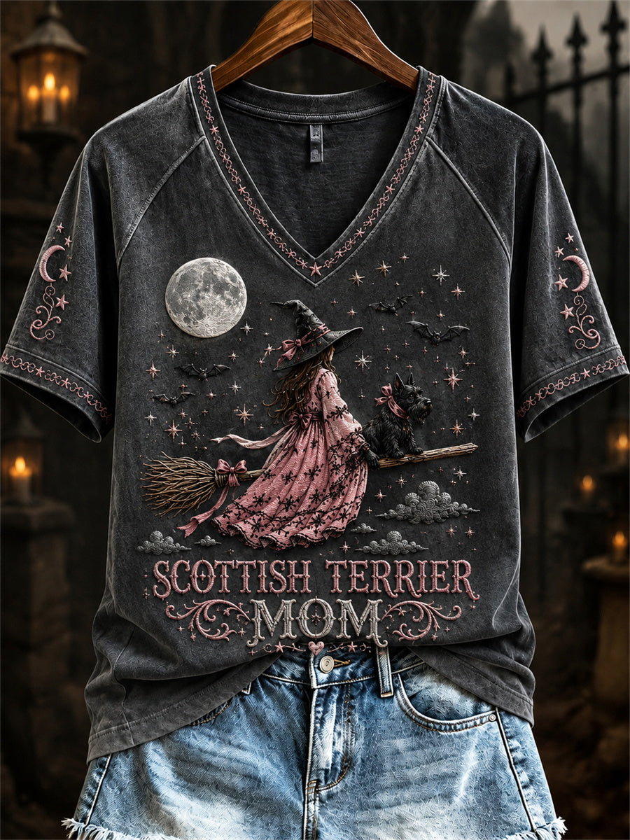 Women's Halloween Pink Witch Scottish Terrier Mom Print short-sleeved T-shirt