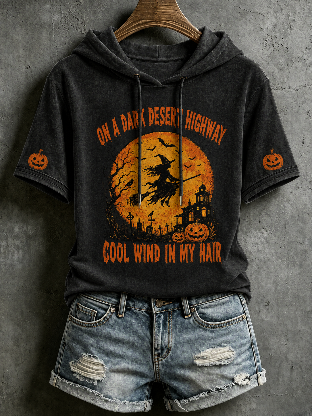 Women's Halloween Witch Embroidery Short-Sleeve Hooded T-Shirt