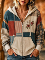 Women's Cross Pattern Patchwork Art Hooded Cardigan