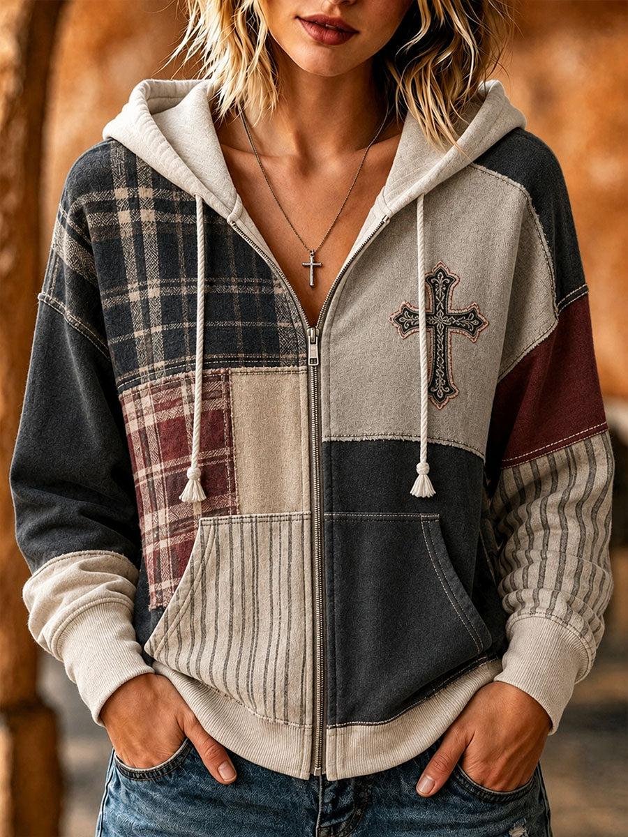 Women's Cross Pattern Patchwork Art Hooded Cardigan