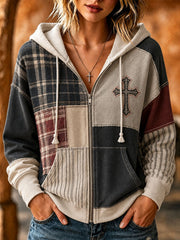 Women's Cross Pattern Patchwork Art Hooded Cardigan