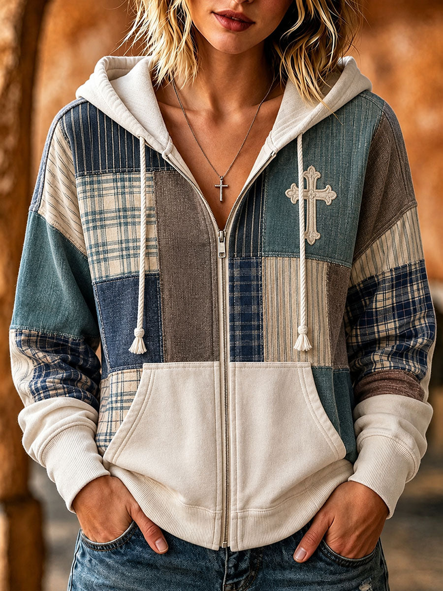 Women's Cross Pattern Patchwork Art Hooded Cardigan