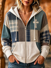 Women's Cross Pattern Patchwork Art Hooded Cardigan