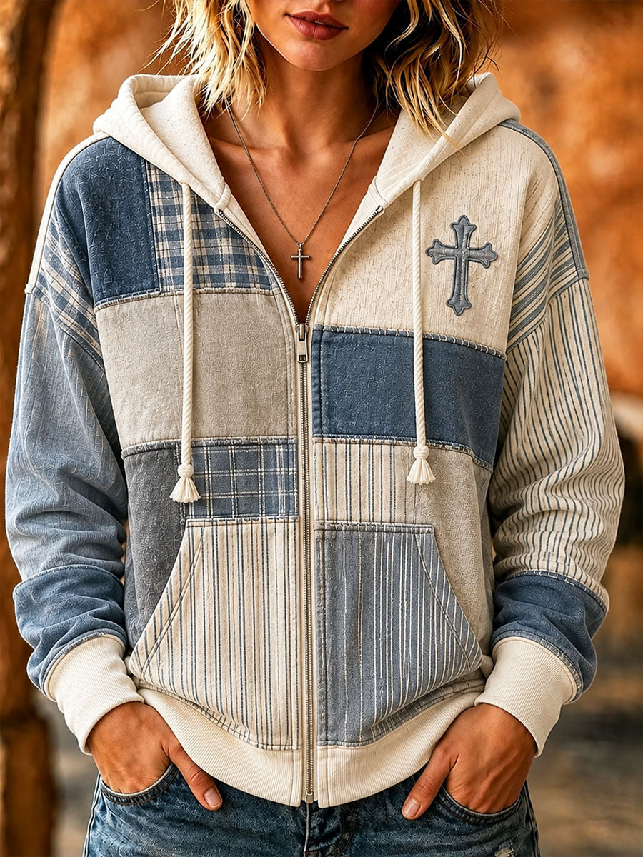 Women's Cross Pattern Patchwork Art Hooded Cardigan