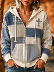 Women's Cross Pattern Patchwork Art Hooded Cardigan