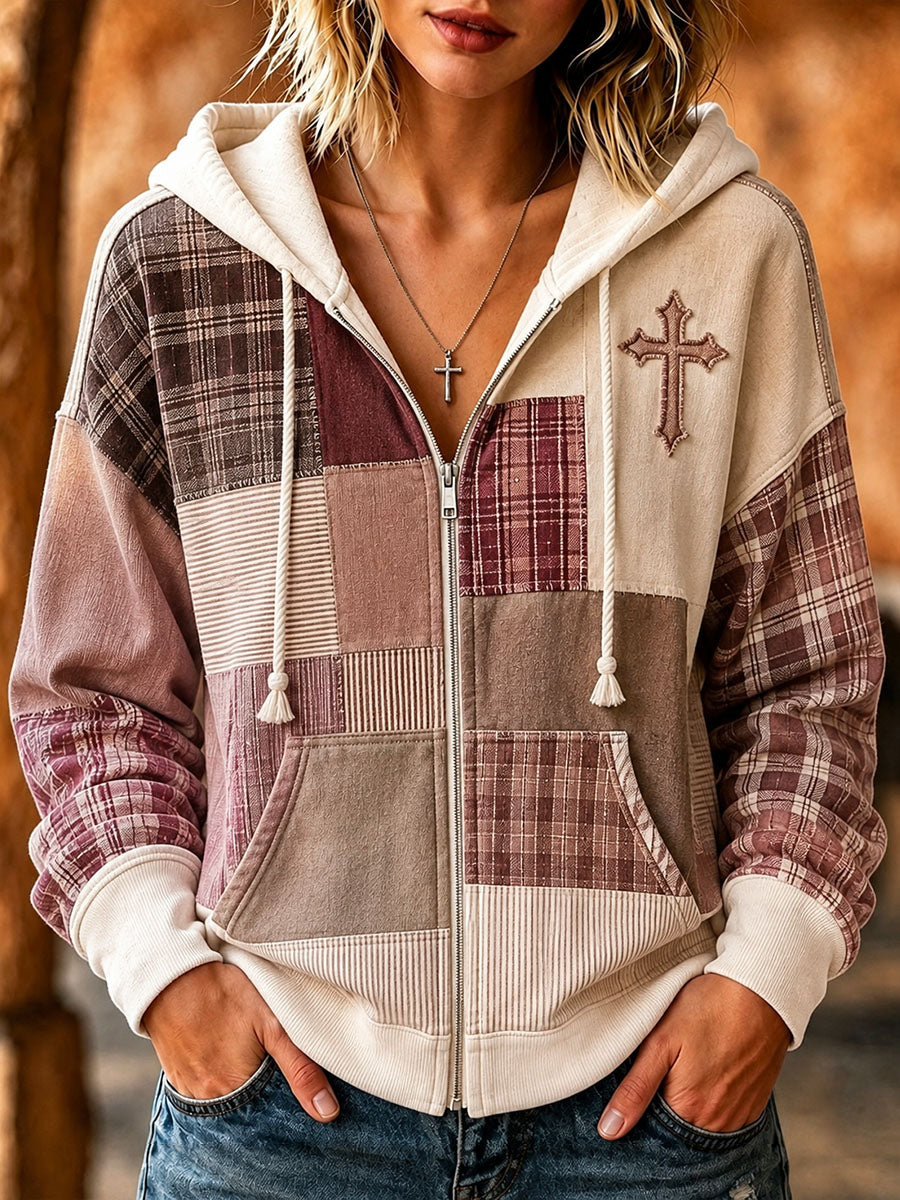 Women's Cross Pattern Patchwork Art Hooded Cardigan