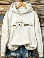 Women's Cute Peeking Bichon Frise & Paws Print Hooded Sweatshirt