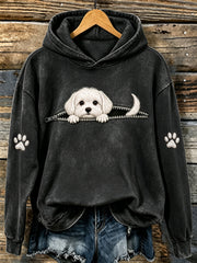 Women's Cute Peeking Maltese & Paws Print Hooded Sweatshirt