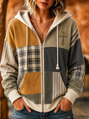 Women's Cross Pattern Patchwork Art Hooded Cardigan