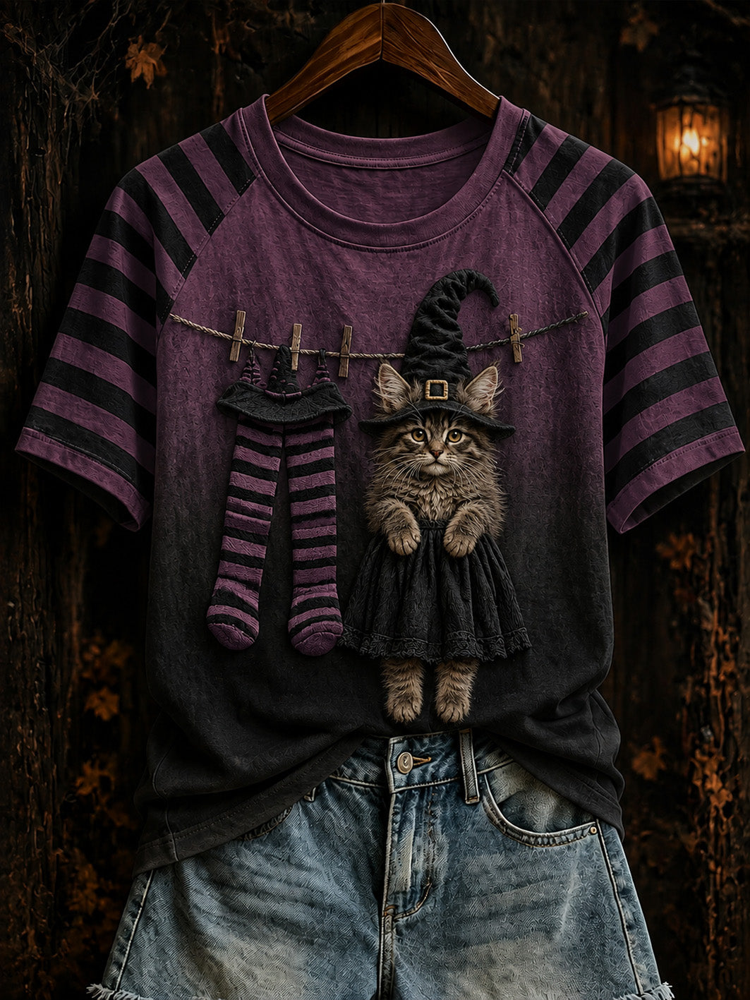 Women's Halloween theme witch cat pattern clash color design casual short-sleeve T-shirt
