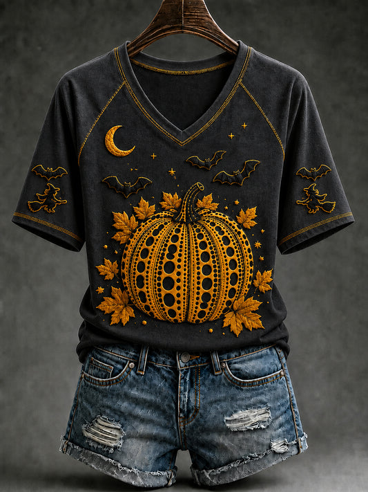 Women's Autumn Halloween Pumpkin Art Print Short Sleeve T-shirt
