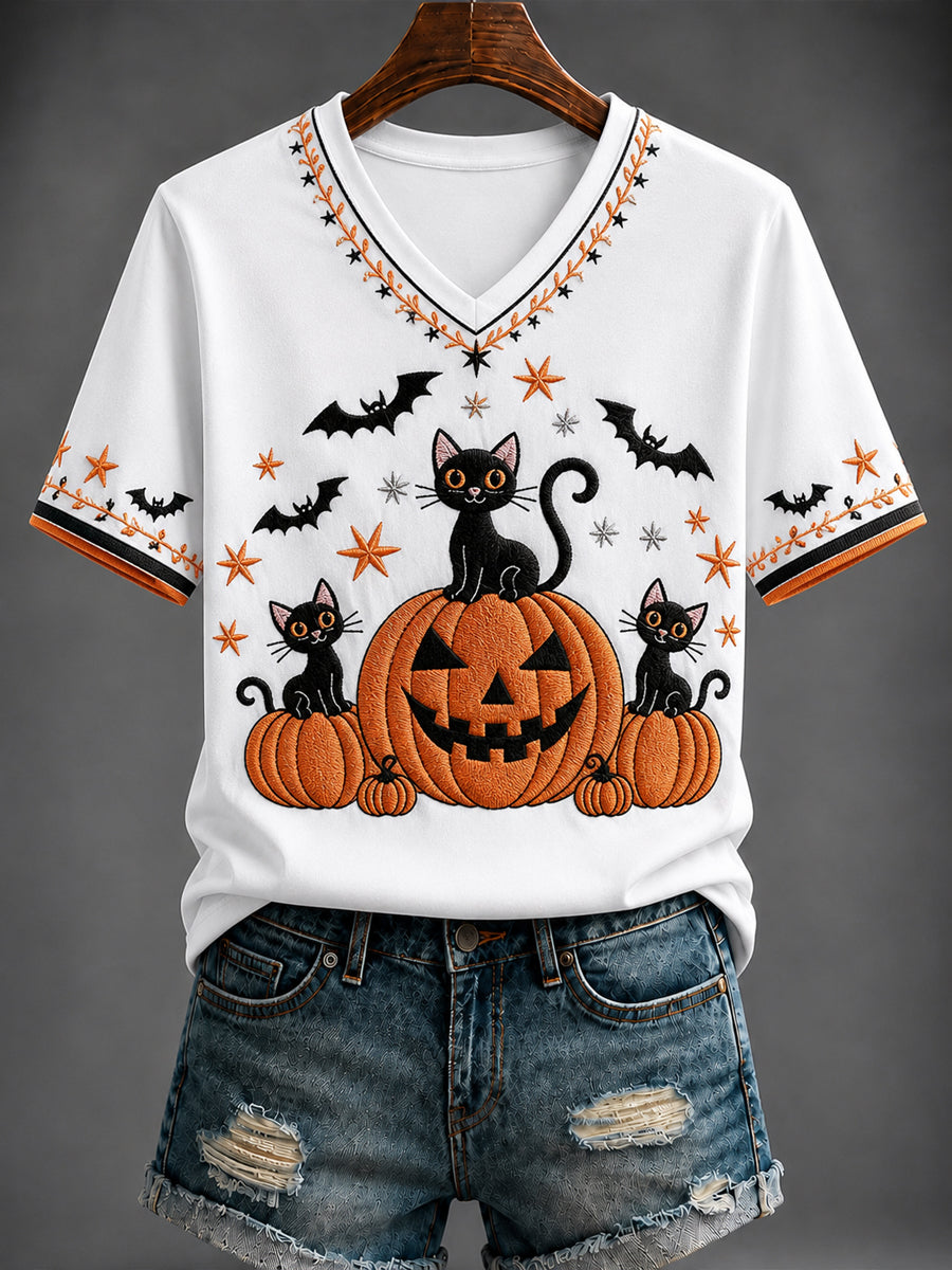 Women's Halloween Pumpkin Printed V-neck T-shirt
