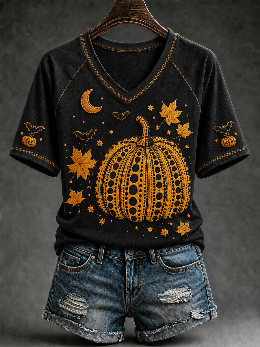 Women's Autumn Halloween Pumpkin Art Print Short Sleeve T-shirt