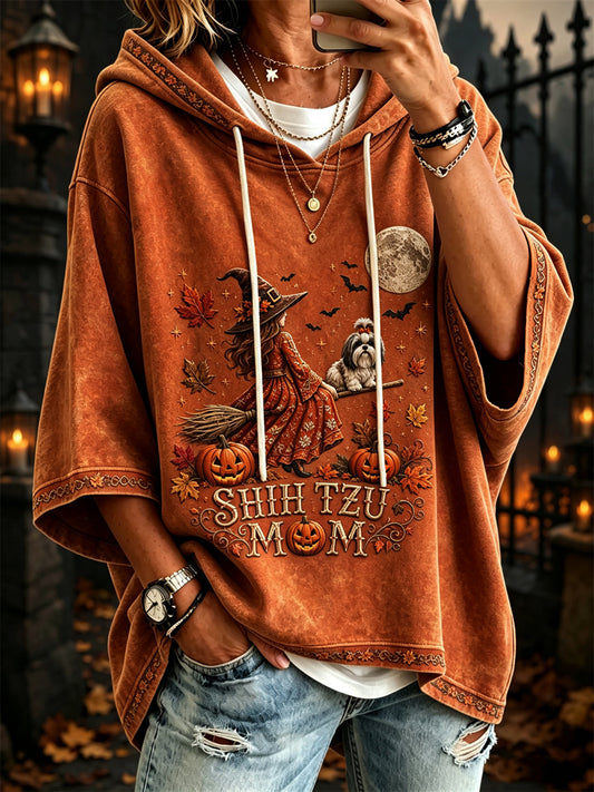 Women's Halloween Fall Shih Tzu Mom Witch & Dog Print Mid Sleeve Hoodie