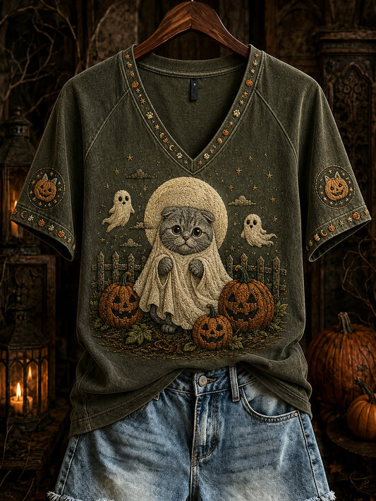 Women's Halloween Cute Cat Pattern Printed Casual Short Sleeve T-shirt