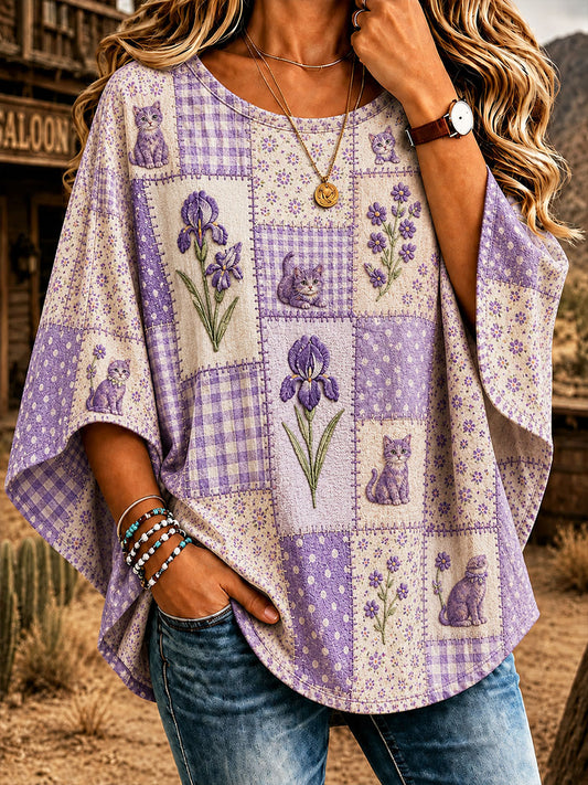 Women's Purple Art Floral Cat Print Casual T-Shirt