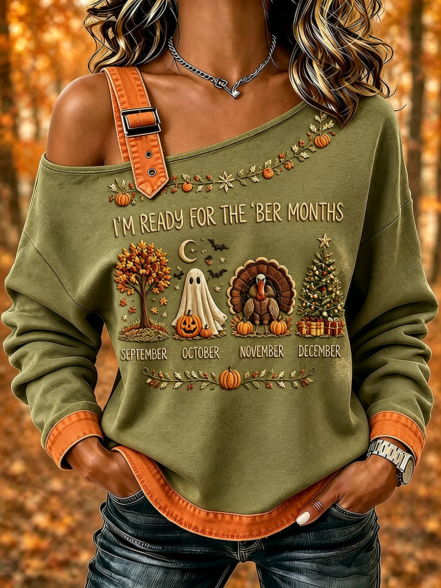 Women's Vintage I'm Ready For The 'ber Months Print Comfy Off-Shoulder Sweatshirt