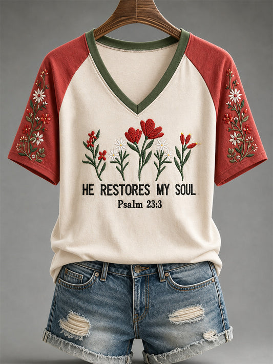 Women's He Restores My Soul Print V-Neck Tee
