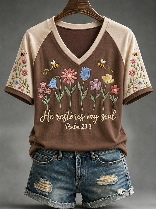 Women's He Restores My Soul Print V-Neck Tee