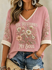 Women's He Restores My Soul Print V-Neck Tee