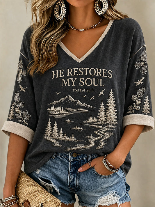 Women's He Restores My Soul Print V-Neck Tee