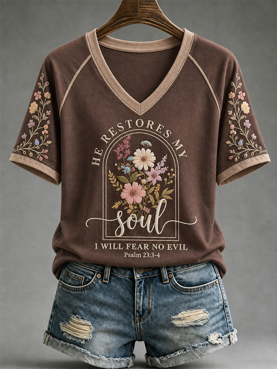 Women's He Restores My Soul Print V-Neck Tee