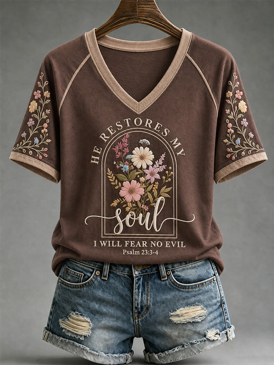 Women's He Restores My Soul Print V-Neck Tee