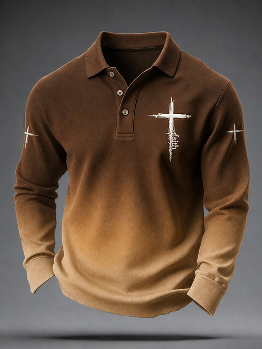 Men's Faith Cross Print Long Sleeve Polo