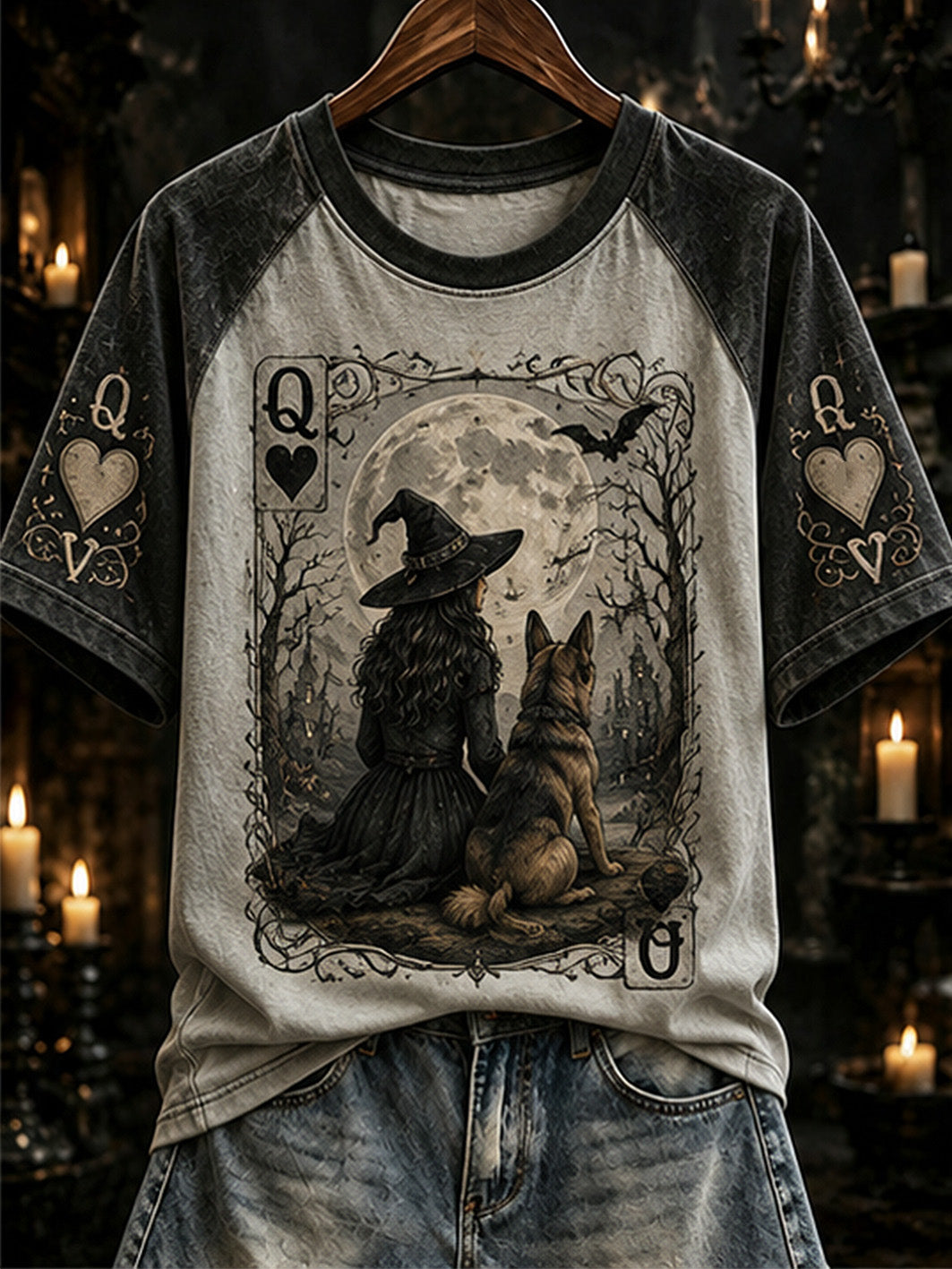 Women's Halloween Poker Elements Witch and Dog Pattern Design Casual Short Sleeve T-Shirt