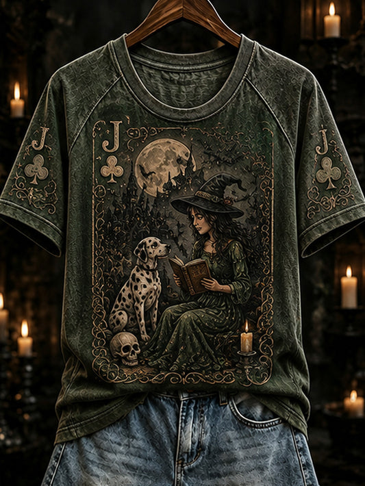 Women's Halloween Poker Elements Witch and Dog Pattern Design Casual Short Sleeve T-Shirt
