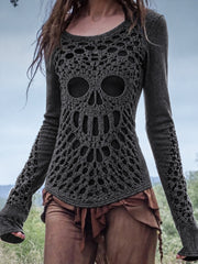 Women's Halloween Skeleton Art Print Round-Neck Long-Sleeve T-Shirt